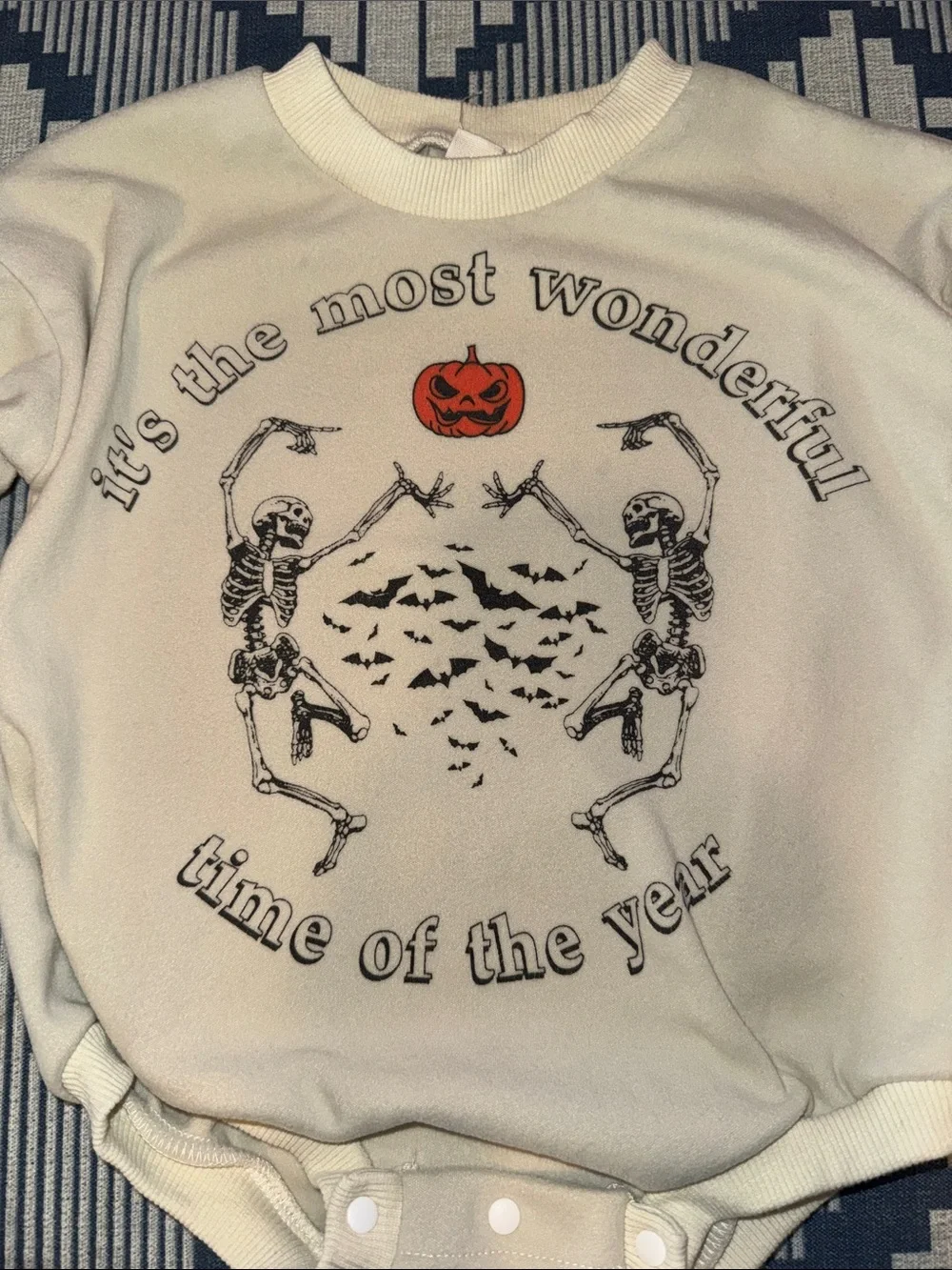 Cream Felt Halloween Skeleton One-Piece Bodysuit with Pumpkin Graphic